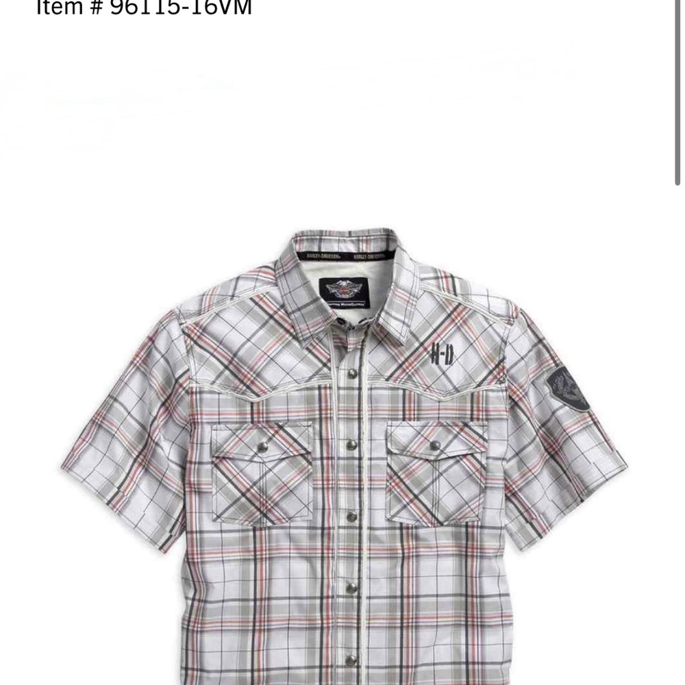 Harley-Davidson White Plaid Short Sleeve Button-Up with Gray and Red Stripes